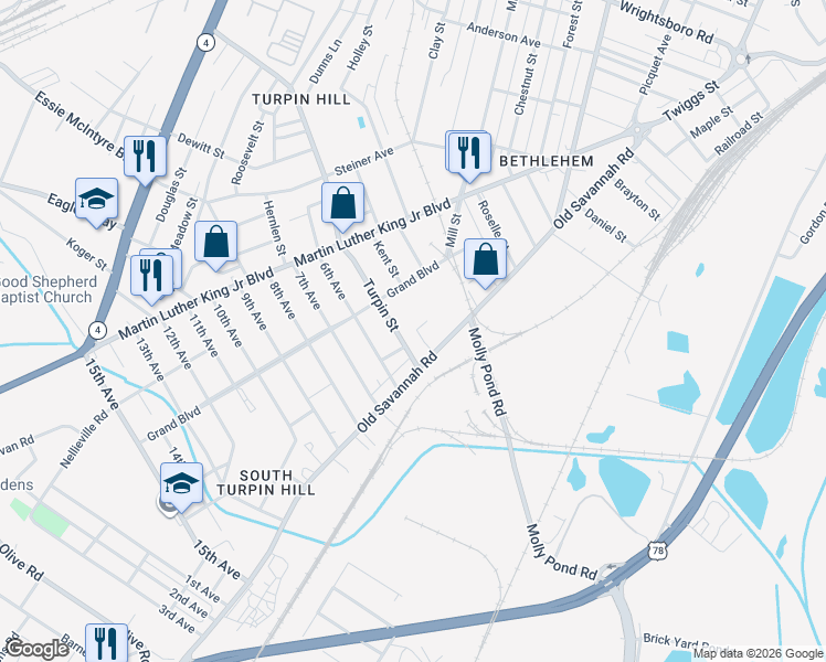 map of restaurants, bars, coffee shops, grocery stores, and more near 1007 Turpin Street in Augusta
