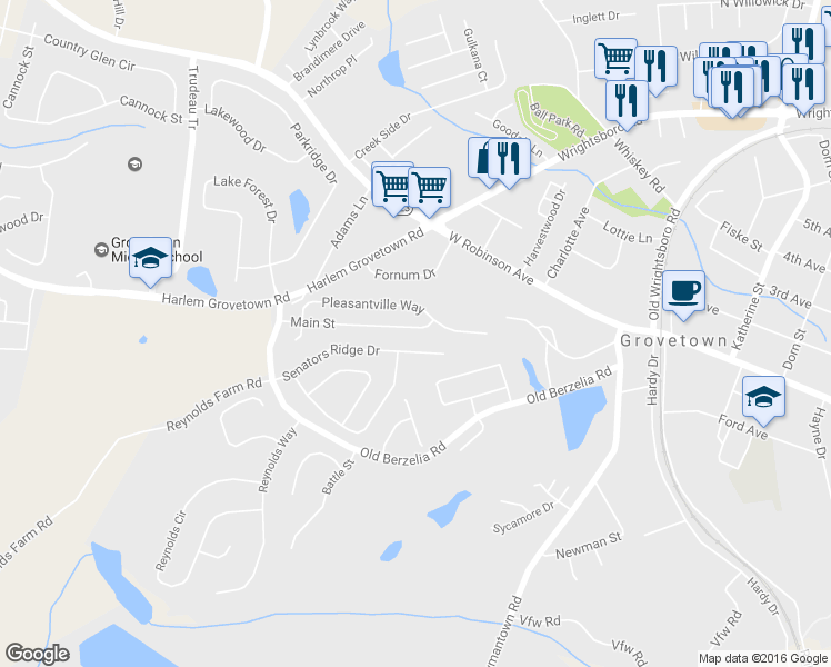 map of restaurants, bars, coffee shops, grocery stores, and more near 7609 Main Street in Grovetown