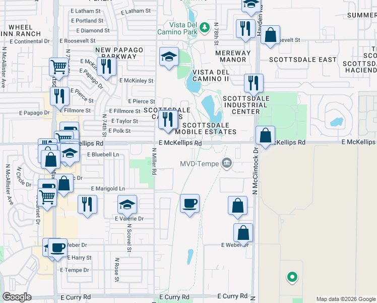 map of restaurants, bars, coffee shops, grocery stores, and more near 1445 East McKellips Road in Tempe