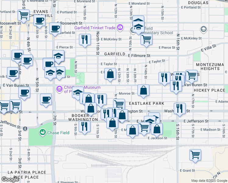 map of restaurants, bars, coffee shops, grocery stores, and more near 220 North 12th Street in Phoenix