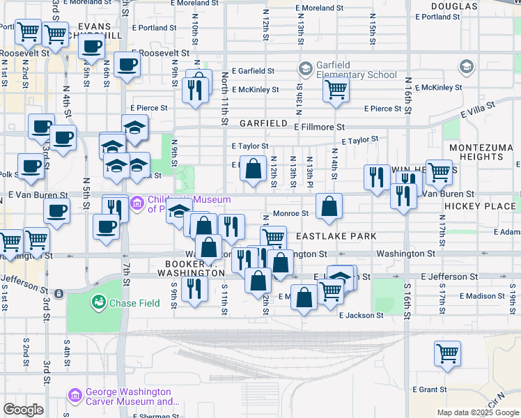 map of restaurants, bars, coffee shops, grocery stores, and more near 220 North 12th Street in Phoenix