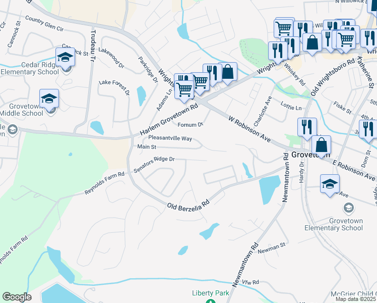 map of restaurants, bars, coffee shops, grocery stores, and more near 7615 Main Street in Grovetown