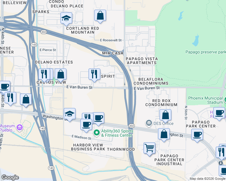 map of restaurants, bars, coffee shops, grocery stores, and more near 5041 East Van Buren Street in Phoenix