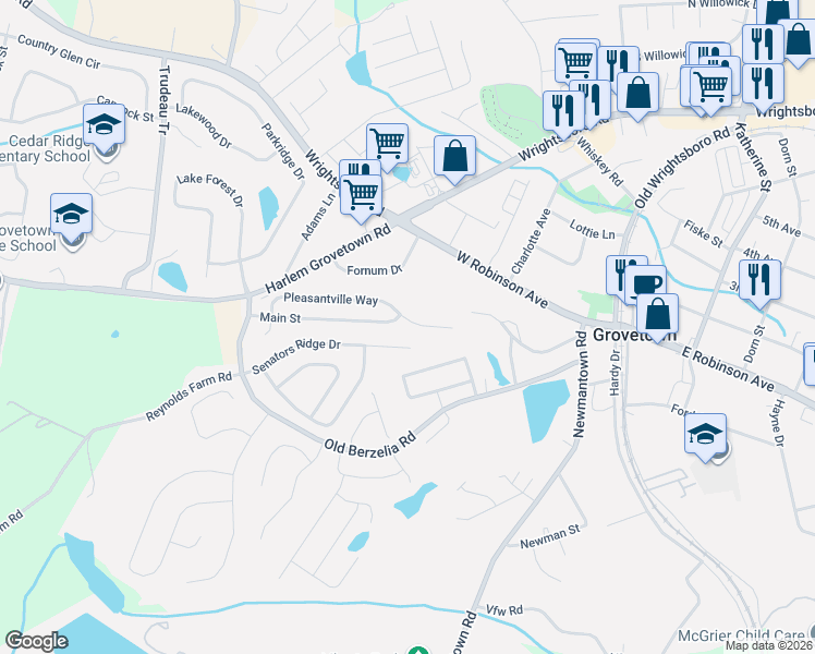 map of restaurants, bars, coffee shops, grocery stores, and more near 7507 Senators Ridge Drive in Grovetown