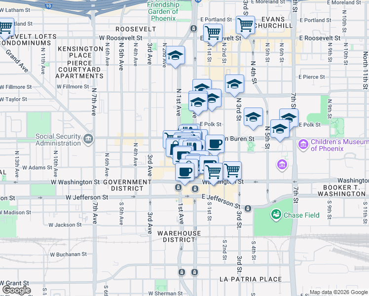 map of restaurants, bars, coffee shops, grocery stores, and more near 130 North Central Avenue in Phoenix
