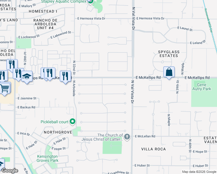 map of restaurants, bars, coffee shops, grocery stores, and more near 3404 East Jaeger Circle in Mesa