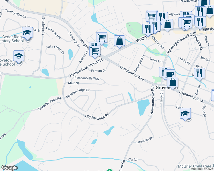 map of restaurants, bars, coffee shops, grocery stores, and more near 7507 Senators Ridge Drive in Grovetown