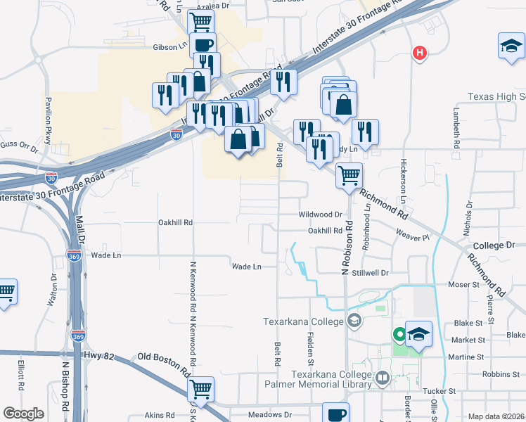 map of restaurants, bars, coffee shops, grocery stores, and more near 205-207 Cheyenne Place in Texarkana