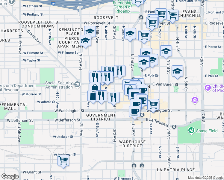 map of restaurants, bars, coffee shops, grocery stores, and more near in Phoenix