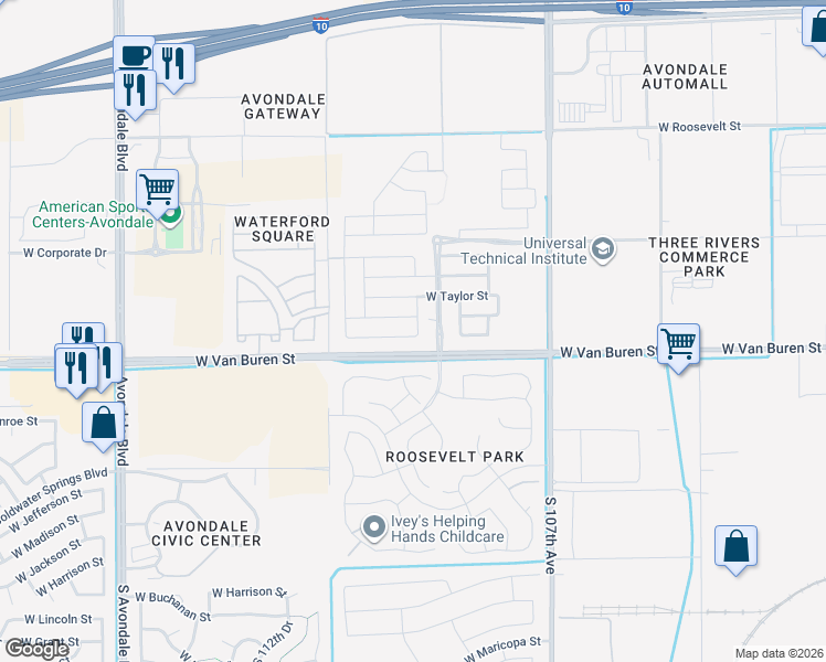 map of restaurants, bars, coffee shops, grocery stores, and more near 10854 West Woodland Avenue in Avondale