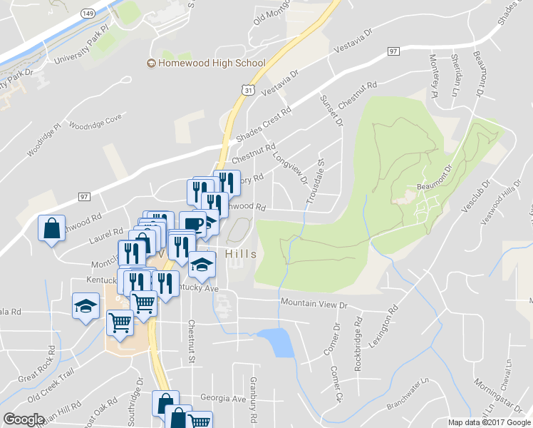 map of restaurants, bars, coffee shops, grocery stores, and more near 2109 Southwood Road in Vestavia Hills