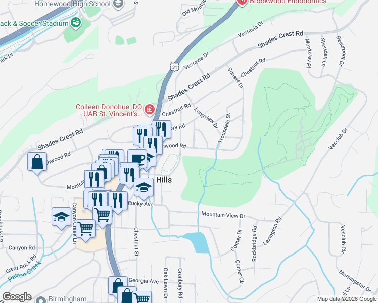 map of restaurants, bars, coffee shops, grocery stores, and more near 2109 Southwood Road in Vestavia Hills