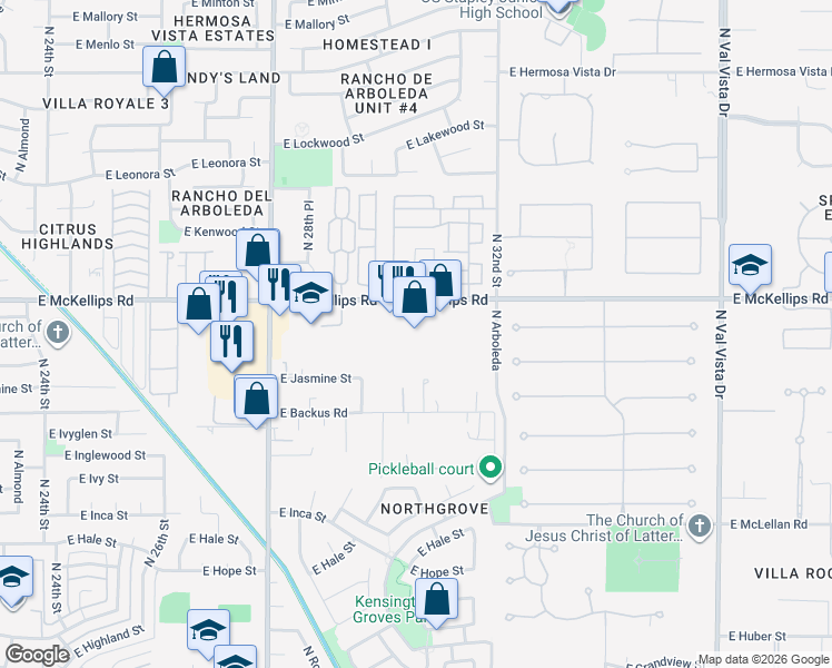 map of restaurants, bars, coffee shops, grocery stores, and more near 3049 East McKellips Road in Mesa