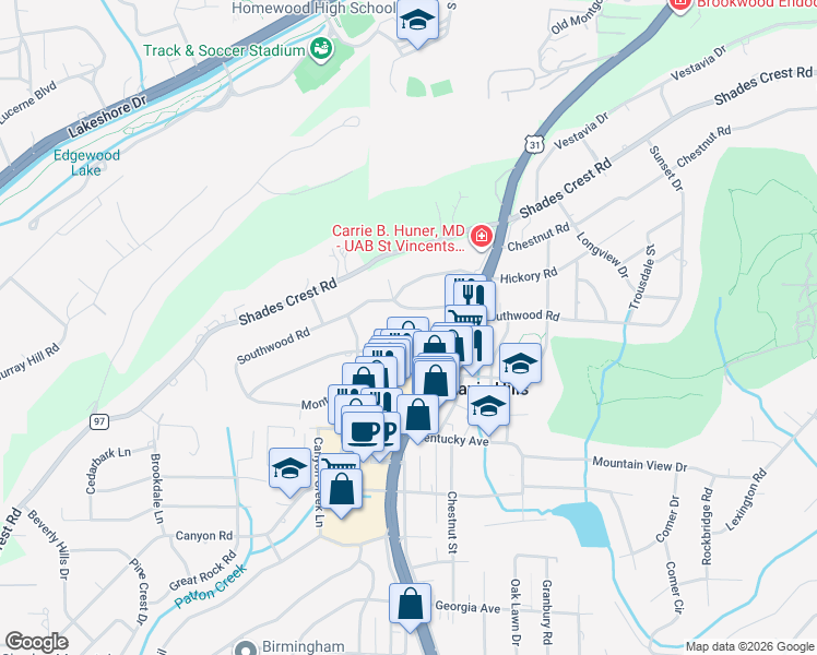 map of restaurants, bars, coffee shops, grocery stores, and more near 1904 Vestavia Court in Vestavia Hills