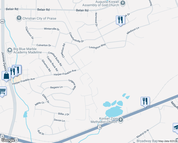 map of restaurants, bars, coffee shops, grocery stores, and more near 932 Burlington Drive in Augusta