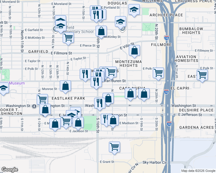 map of restaurants, bars, coffee shops, grocery stores, and more near 414 East Adams Street in Phoenix