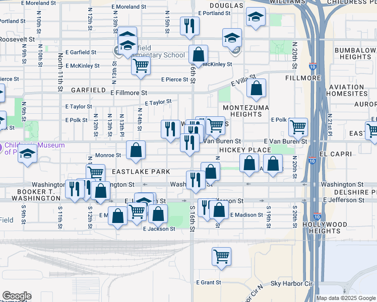 map of restaurants, bars, coffee shops, grocery stores, and more near 1529 East Monroe Street in Phoenix