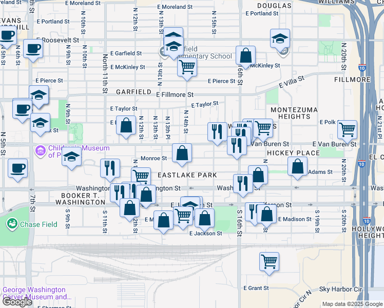 map of restaurants, bars, coffee shops, grocery stores, and more near 1411 East Monroe Street in Phoenix