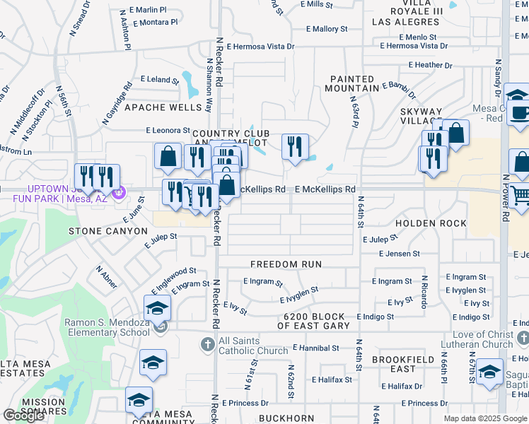 map of restaurants, bars, coffee shops, grocery stores, and more near 6209 East McKellips Road in Mesa