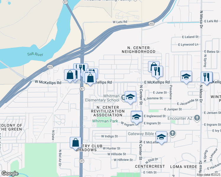 map of restaurants, bars, coffee shops, grocery stores, and more near 206 West June Circle in Mesa
