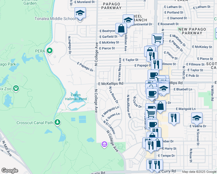 map of restaurants, bars, coffee shops, grocery stores, and more near 1733 North Sierra Vista Drive in Tempe