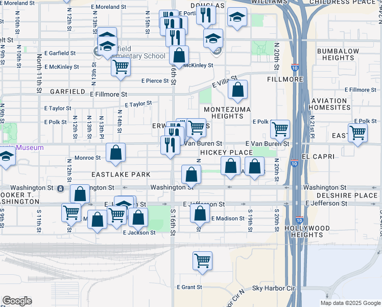 map of restaurants, bars, coffee shops, grocery stores, and more near 414 East Adams Street in Phoenix