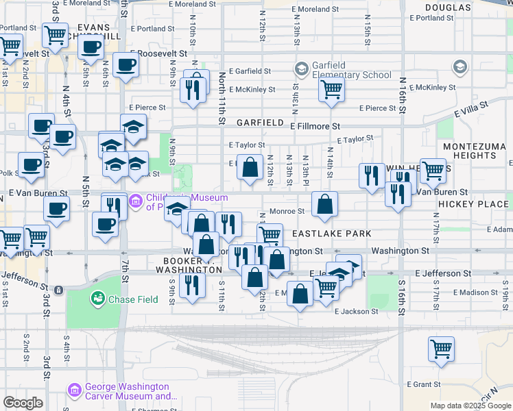 map of restaurants, bars, coffee shops, grocery stores, and more near 1134 East Monroe Street in Phoenix