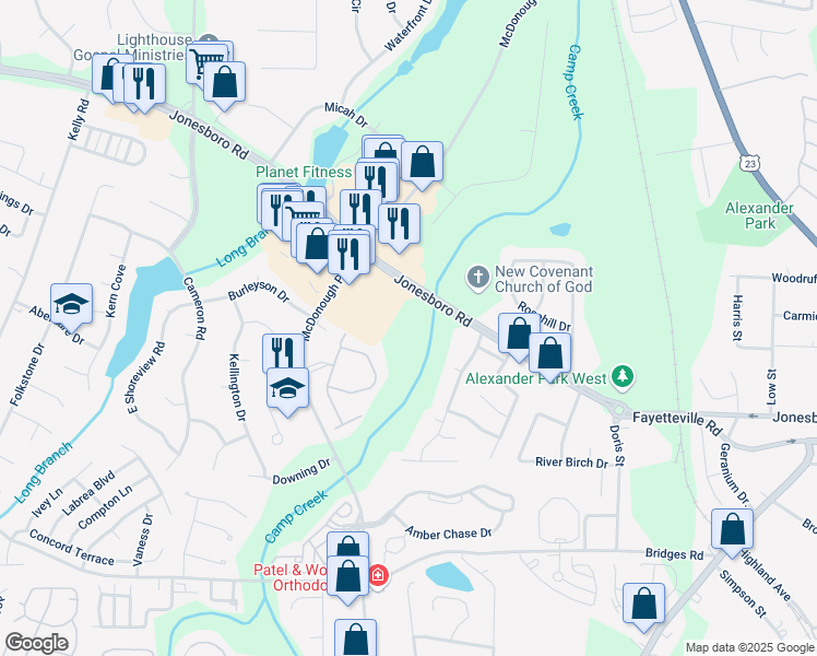 map of restaurants, bars, coffee shops, grocery stores, and more near 651 Beaver Run Trce in McDonough