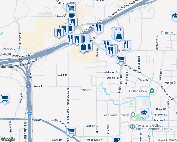 map of restaurants, bars, coffee shops, grocery stores, and more near 205-207 Cheyenne Place in Texarkana