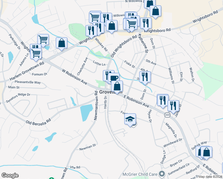 map of restaurants, bars, coffee shops, grocery stores, and more near 103 East Robinson Avenue in Grovetown