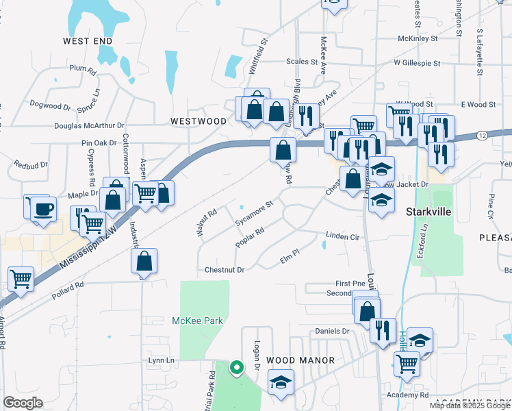 map of restaurants, bars, coffee shops, grocery stores, and more near 506 Poplar Road in Starkville