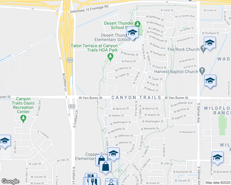 map of restaurants, bars, coffee shops, grocery stores, and more near 324 North 168th Drive in Goodyear