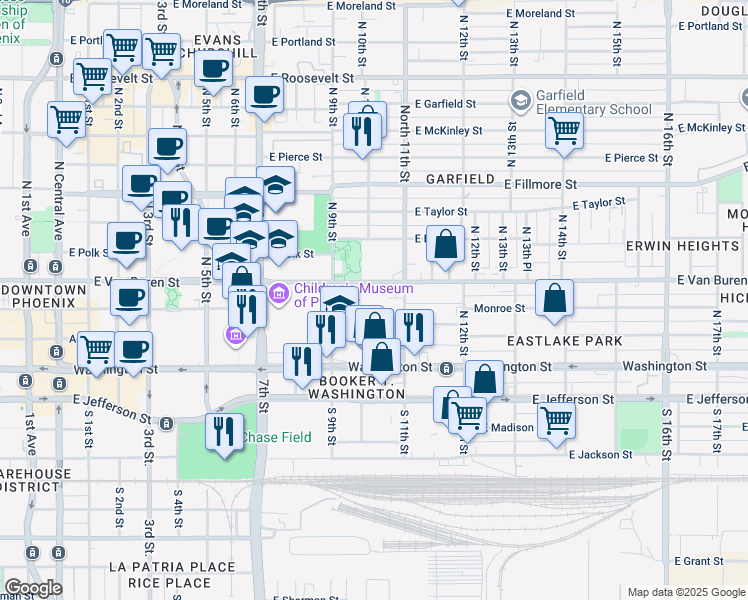 map of restaurants, bars, coffee shops, grocery stores, and more near 901 East Van Buren Street in Phoenix