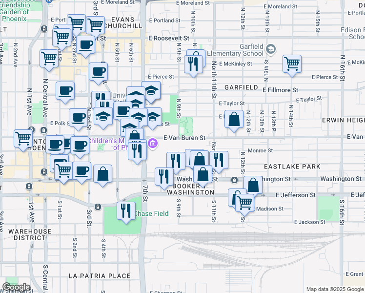map of restaurants, bars, coffee shops, grocery stores, and more near 901 East Van Buren Street in Phoenix