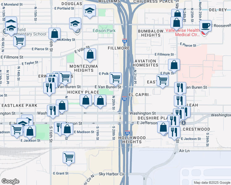 map of restaurants, bars, coffee shops, grocery stores, and more near 2009 East Monroe Street in Phoenix