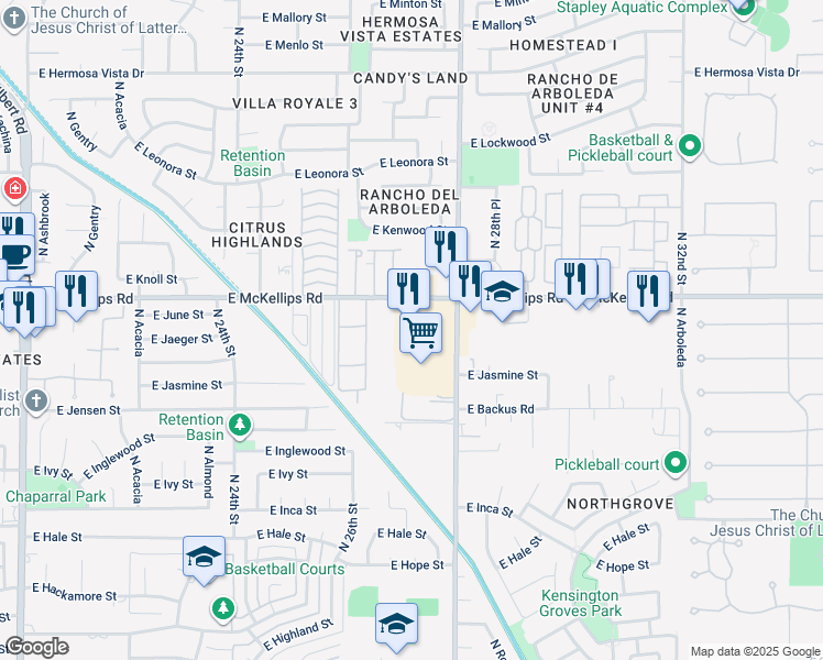 map of restaurants, bars, coffee shops, grocery stores, and more near 2727 East McKellips Road in Mesa