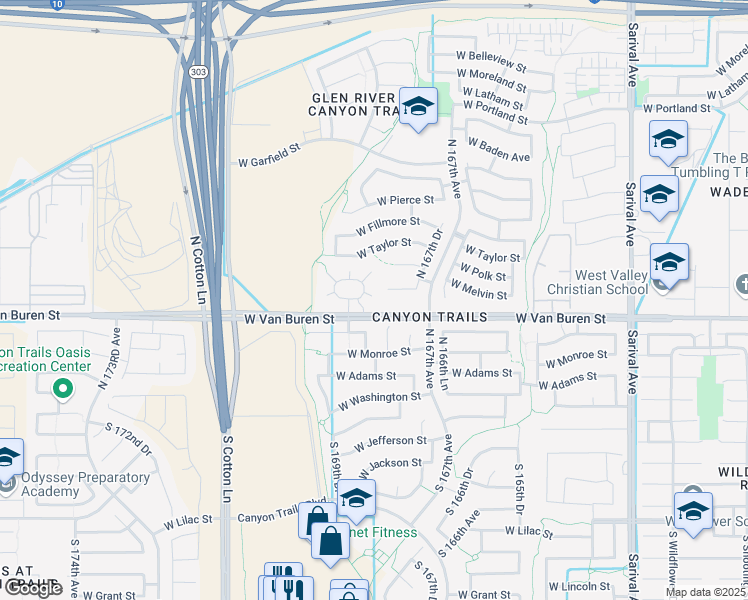 map of restaurants, bars, coffee shops, grocery stores, and more near 344 North 168th Drive in Goodyear