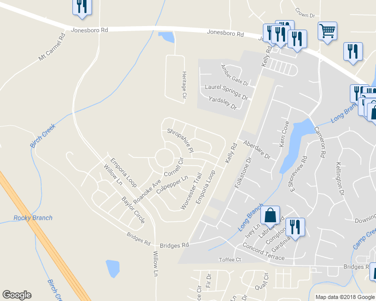 map of restaurants, bars, coffee shops, grocery stores, and more near 2513 Shropshire Place in McDonough