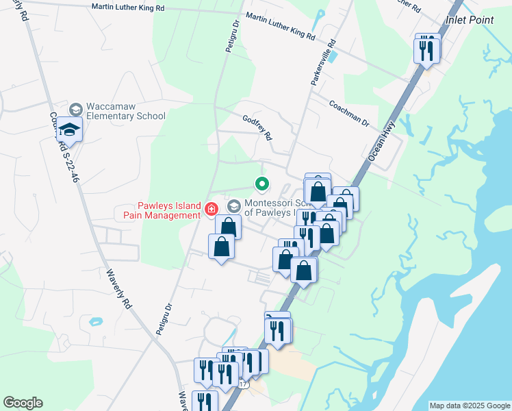 map of restaurants, bars, coffee shops, grocery stores, and more near 84 Palisade Loop in Pawleys Island