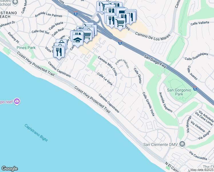 map of restaurants, bars, coffee shops, grocery stores, and more near 3327 Calle La Veta in San Clemente
