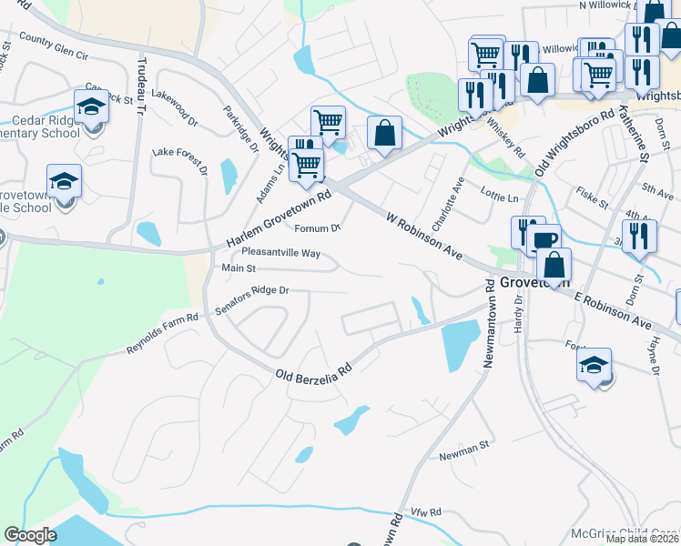 map of restaurants, bars, coffee shops, grocery stores, and more near 7604 Pleasantville Way in Grovetown