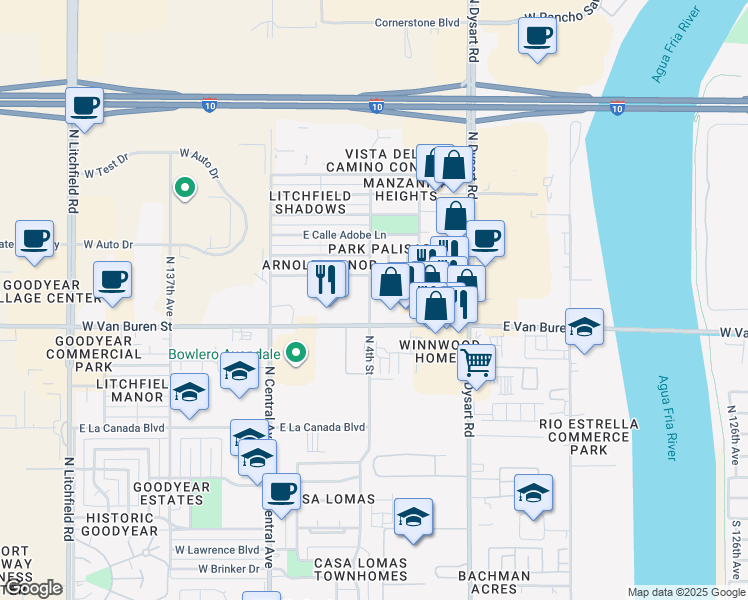 map of restaurants, bars, coffee shops, grocery stores, and more near 729 East Calle Chulo Road in Goodyear