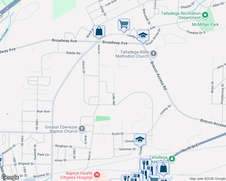 map of restaurants, bars, coffee shops, grocery stores, and more near 155 Lide Road in Talladega