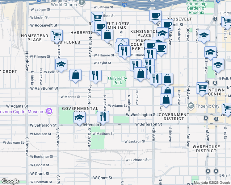 map of restaurants, bars, coffee shops, grocery stores, and more near 1107 West Woodland Avenue in Phoenix