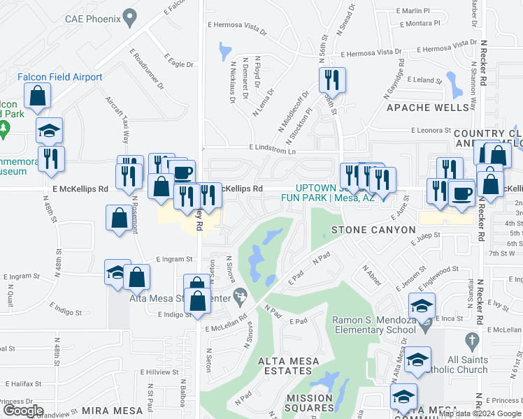 map of restaurants, bars, coffee shops, grocery stores, and more near 5415 East McKellips Road in Mesa