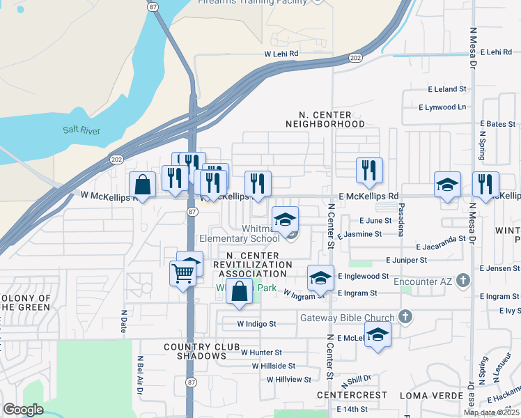 map of restaurants, bars, coffee shops, grocery stores, and more near 205 West McKellips Road in Mesa