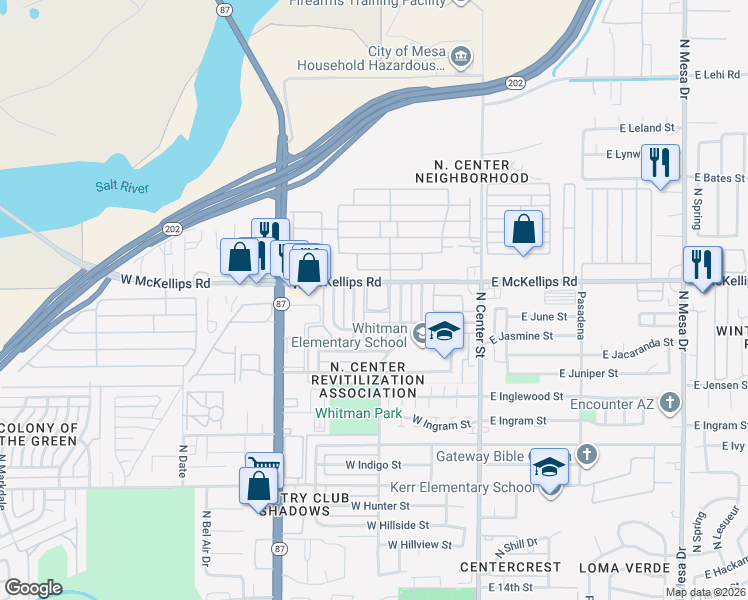 map of restaurants, bars, coffee shops, grocery stores, and more near 205 West McKellips Road in Mesa