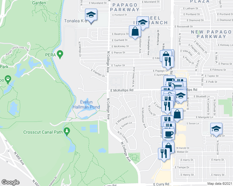 map of restaurants, bars, coffee shops, grocery stores, and more near 2002 North Squire Avenue in Tempe