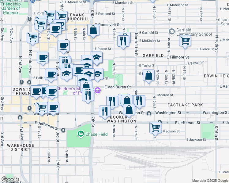 map of restaurants, bars, coffee shops, grocery stores, and more near in Phoenix