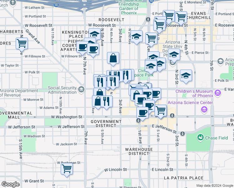 map of restaurants, bars, coffee shops, grocery stores, and more near 322w West Van Buren Street in Phoenix